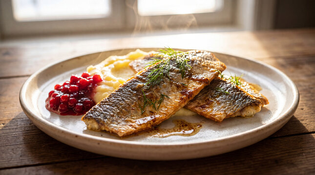 Crispy fried herring with lemon and lingonberries on white plate by window
