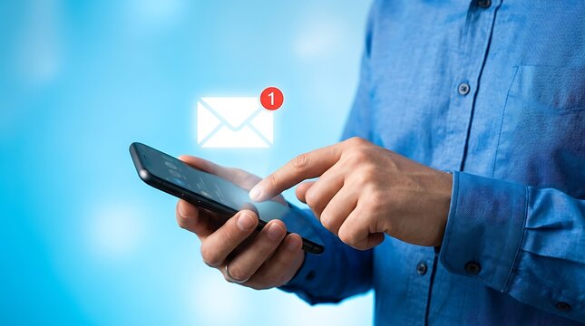 Person checking smartphone with digital email notification floating above screen representing business messaging and digital communication in a professional workplace setting