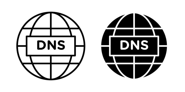 
DNS icon in outline and solid style, isolated on white background. Ideal for domain name system, network, and internet infrastructure features in mobile and web design