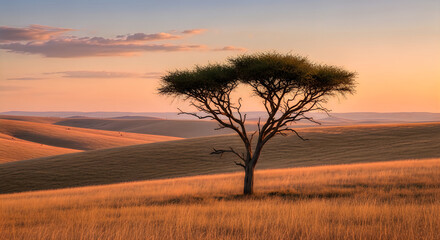 Fototapeta premium Solitary acacia tree in a golden savanna landscape at sunset