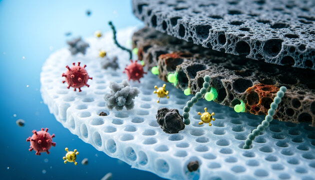 Microscopic view of virus particles on a filter surface