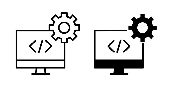 Software development icon in outline and solid style, isolated on white background. Ideal for coding, engineering, and tech product building features in mobile and web design