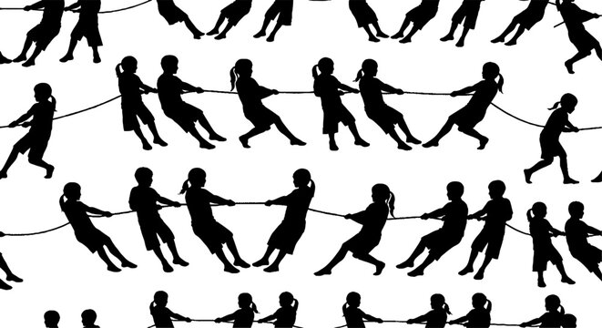 Silhouette figures performing synchronized tug of war actions.