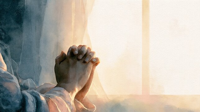 Praying Hands by a Bright Window Watercolor