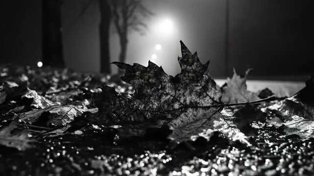 Black and white close up of a fallen maple leaf on a wet road at night in low light with fog