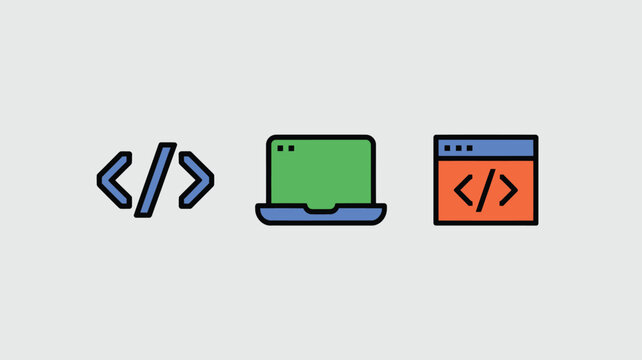 Coding symbols and laptop on gray background for programming concepts and web development