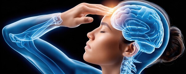 Medical concept of brain pain and headache in a transparent x-ray style portrait of a woman © Art_You
