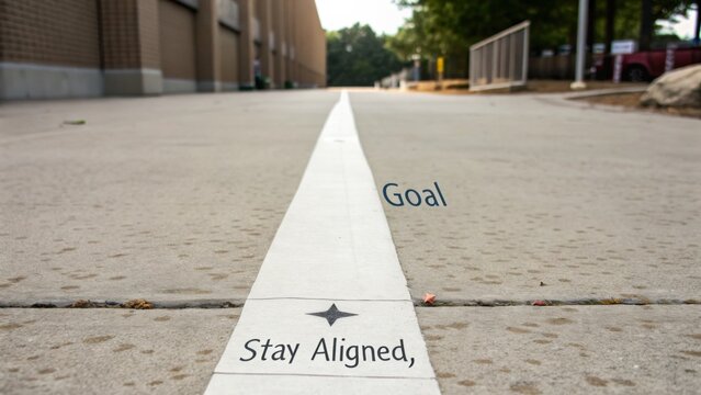 Pathway with motivational words Stay Aligned and Goal engraved on pavement in a serene outdoor setting for inspiration and guidance