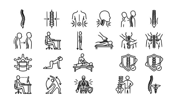 Chiropractic spine health and posture correction outline icon set with back pain medical symbols