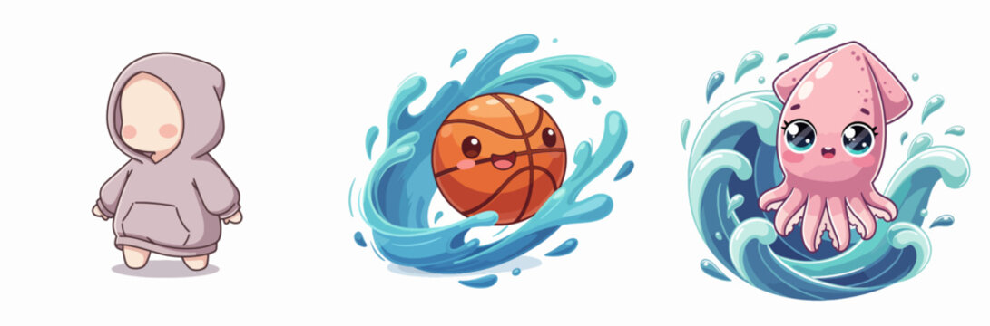 Cute cartoon baby, basketball, and squid in water splash art