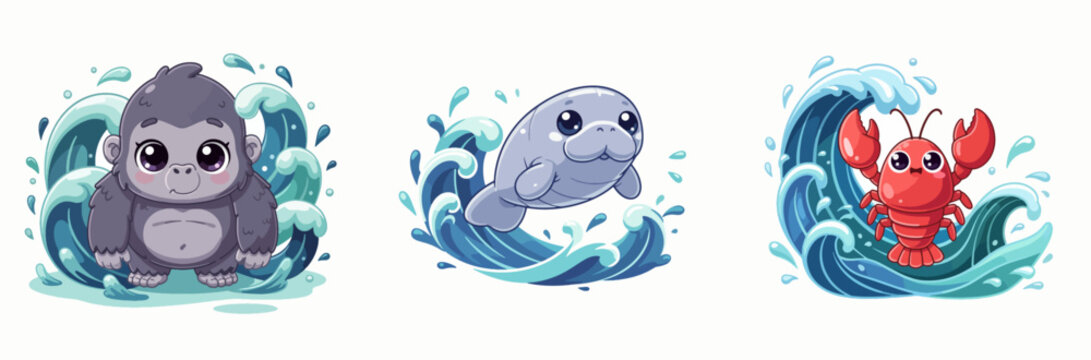 Cartoon Gorilla Manatee Lobster Swimming in Water Splash Art