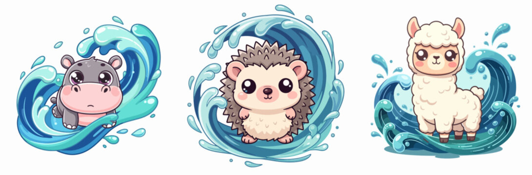 Cute cartoon animals swimming in water with water splashes