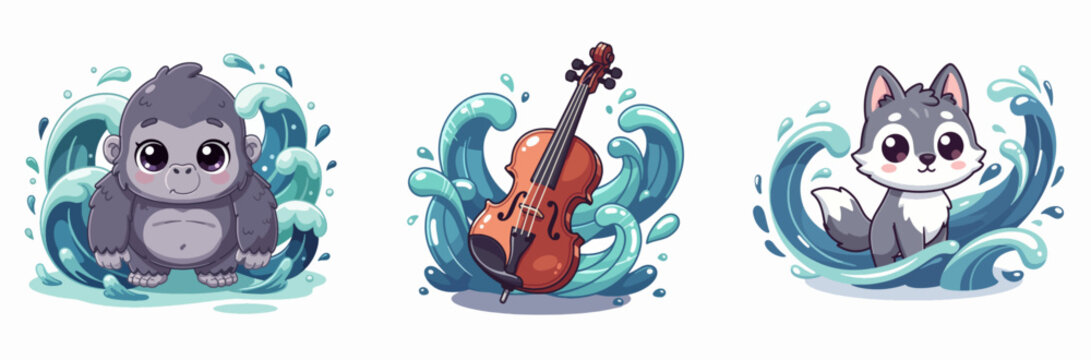Cartoon gorilla, violin, and husky playing in underwater bubbles
