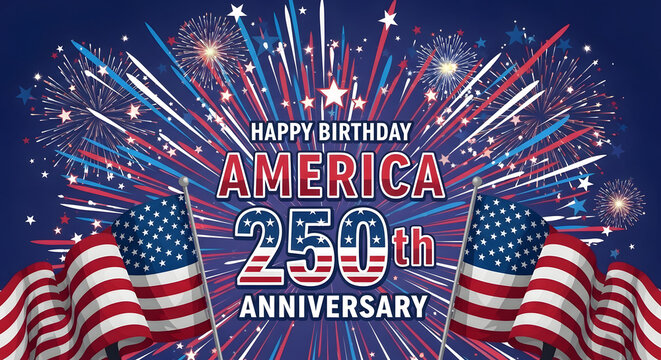 Colorful 4th of July fireworks celebration with American flag theme for 250th anniversary