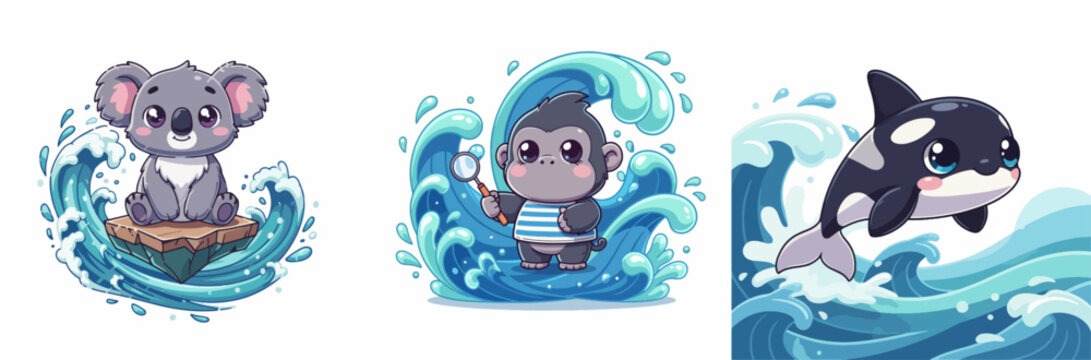 Cute cartoon koala sitting on a surfboard in ocean waves