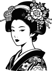 Obraz premium Elegant Japanese Geisha Illustration Wearing Floral Kimono And Decorative Hairpins In Artistic Linework