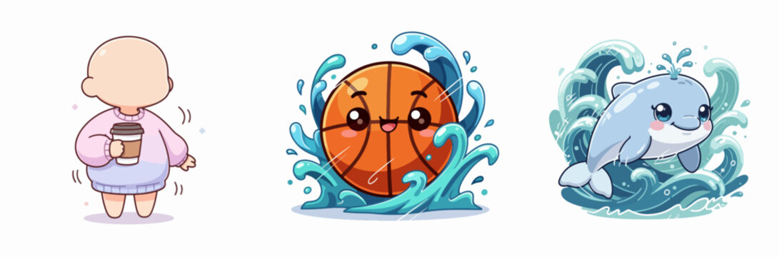 Cute cartoon girl with coffee, basketball with face, and smiling dolphin illustration