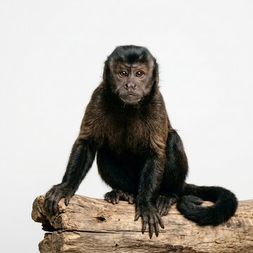 Monkey sitting on a log looking at camera