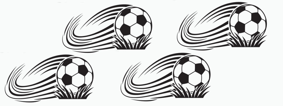 Flying soccer ball with motion blur lines vector illustration. Dynamic football shot elements with grass patch representing high speed goal, championship tournament, and sports energy isolated on whit