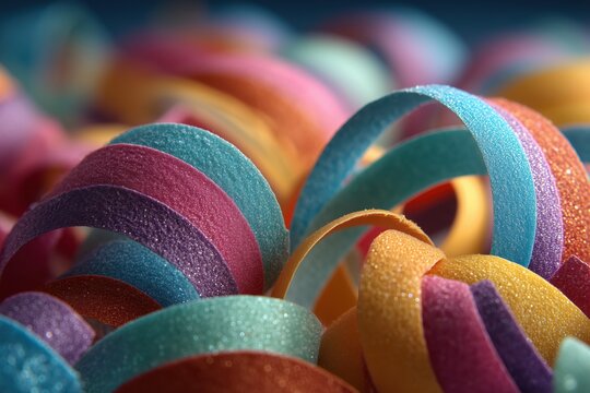 A close up view of numerous glittery colorful paper strips curled and