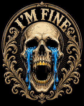 Ornate Crying Skull Emblem with Gold Teeth, Blue Tears and Vintage Baroque Flourish Design