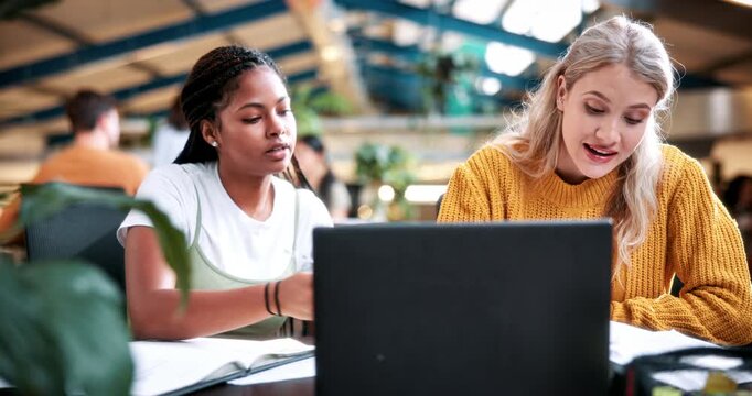 Laptop, study and research with people in college for help, tutor session and education project. Assignment thesis, university and knowledge with students on campus for class schedule and exam portal