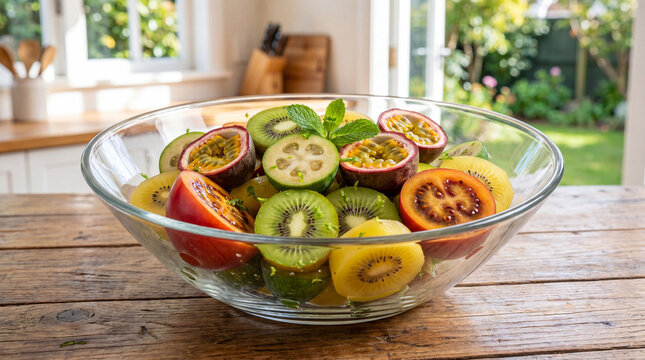 Fresh seasonal tropical fruits arranged in glass bowl on wooden table outdoors in natural sunlight