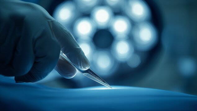 Medical professional using a scalpel during surgical procedure under operating room lights