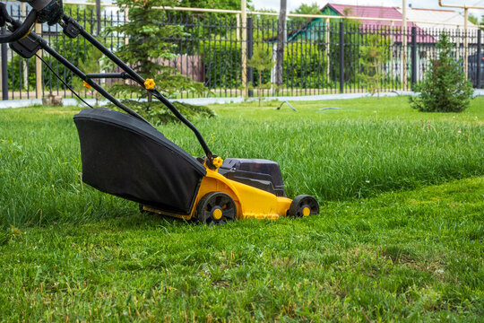 Close up shot of a yellow and black electric lawn mower cutting overgrown green grass in a suburban garden, showing a clear line between cut and uncut lawn.