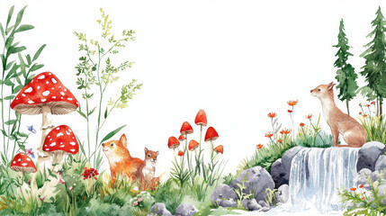 Naklejka premium Serene watercolor illustration featuring foxes, mushrooms, flowers, and waterfall, evoking peaceful woodland scene