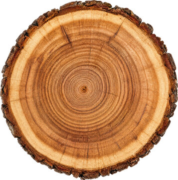 Natural wood slice with tree rings isolated on transparent background