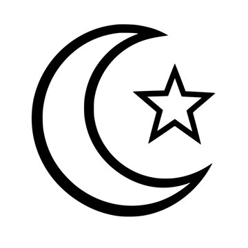 Black outline icon of a crescent moon and star, isolated on a transparent background. Perfect for Ramadan and Eid.