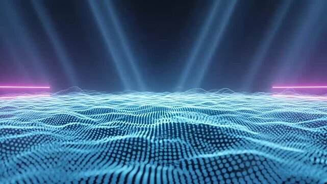 Neon-lit digital wave pattern background with beams.