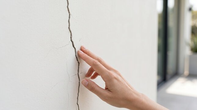 Woman touching a large structural crack on a white exterior wall of a modern house during a bright sunny day in the suburbs