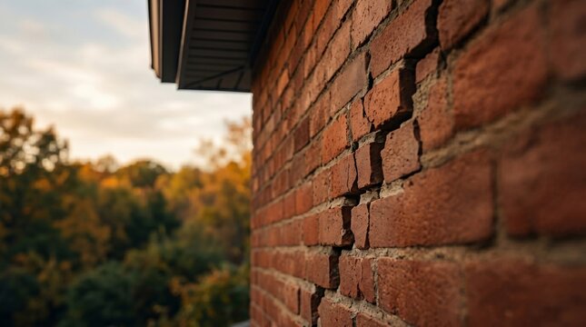 Structural brick wall crack damage indicating foundation failure on residential exterior house corner during golden hour light