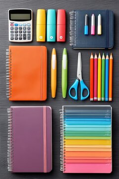 Colorful school supplies and notebooks neatly arranged on a dark desk flat lay for back to school