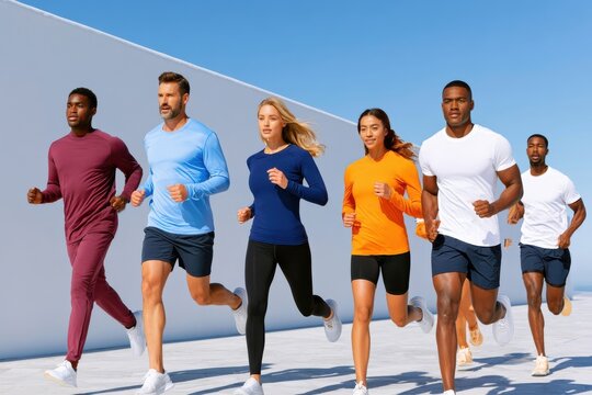 Group of athletes running together outdoors for fitness and teamwork training