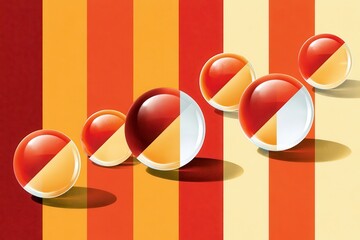 Retro glass marbles on bold red and orange striped background with dramatic shadows and composition © Art_You