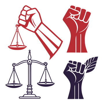 Justice and freedom vector collection featuring raised fist holding scales of law and human rights symbols with leaf for environment protection icons.