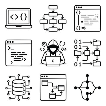 Computer programming and coding icons set.