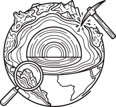 Geology icon featuring planet earth cross section with mountain peak and pickaxe, geography