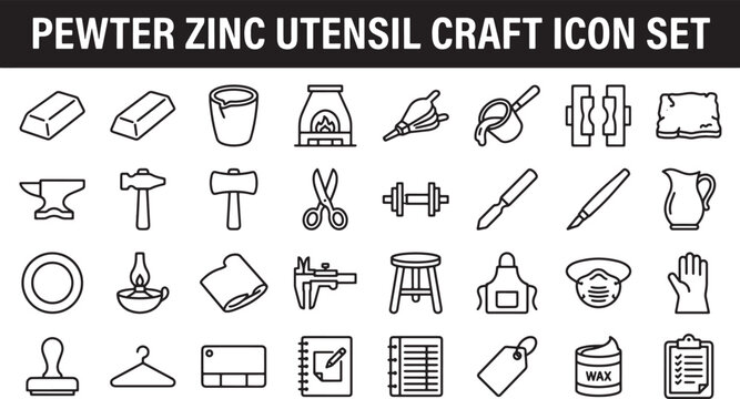Metal casting and craft workshop icon set featuring tools equipment and materials for pewter zinc production vector