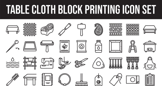 Tablecloth block printing icon set featuring textile manufacturing tools and fabric design elements in linear vector style