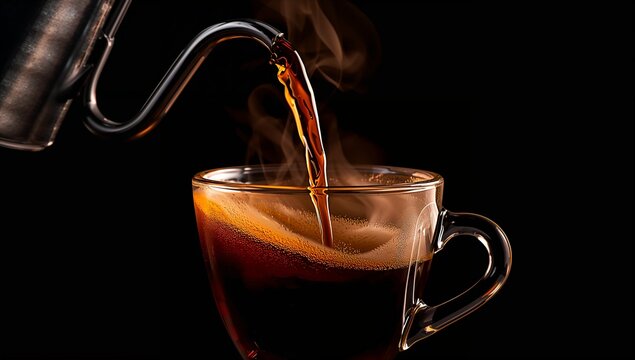 Hot Fresh Brewed Coffee Being Poured Into Clear Glass Mug on Dark Background