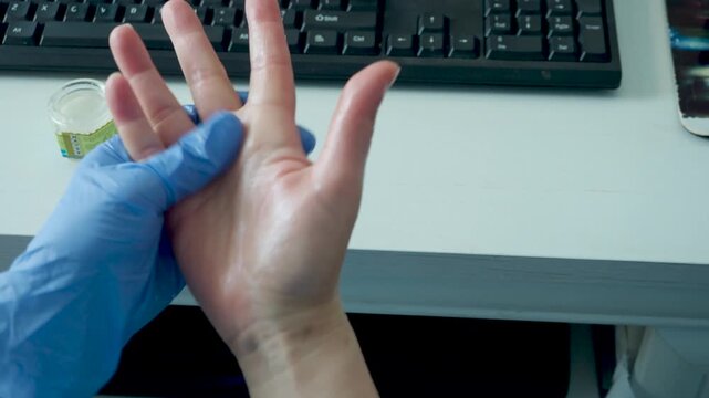 Treating thumb tendon pain beside keyboard in home office workspace