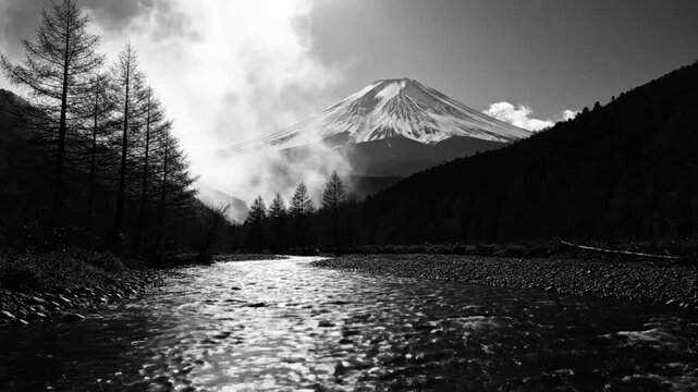 Black and white scenic view of river flowing toward Mount Fuji with musical underscore