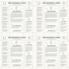 Fototapeta premium Vintage wedding newspaper seamless pattern. Retro marriage announcement background with hand drawn love stories, daily horoscope, and romantic doodles.