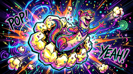 Naklejka premium Joyful Cartoon Weasel Bursting from Popcorn with Psychedelic Swirls and Stars