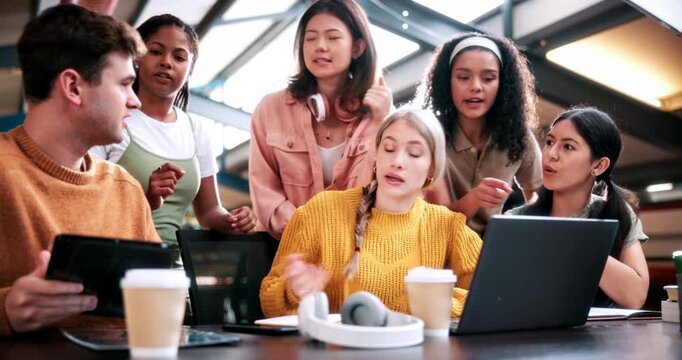 Planning, students and people with laptop on campus, task delegation and research for group project. Discussion, tech and friends with brainstorming for college assignment, teamwork and education