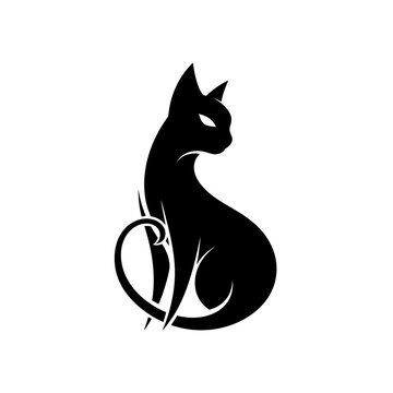 Black silhouette of a sleek, elegant cat with arched back sitting